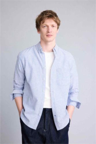 رجالي أزرق قميص من مزيج الكتان