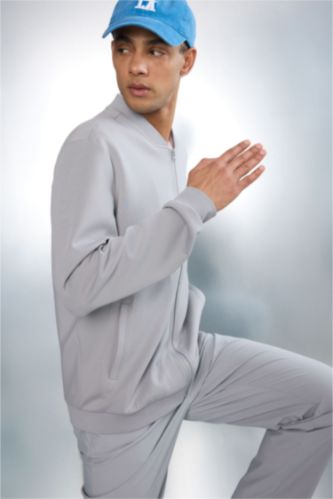 Man Light Grey Standard Fit High Neck Cardigan