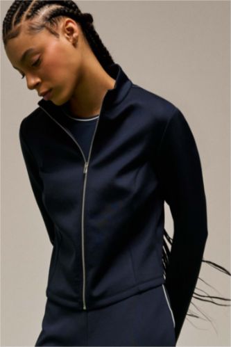 WOMAN NAVY Standard Fit High Neck Scuba Fabric Cardigan