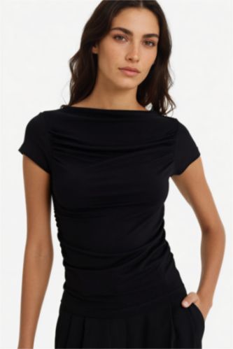 نساء أسود تيشيرت نص ردن سليم فيت بكتف مكشوف