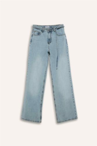 Woman Light Blue Straight Wide High Waist Straight Leg Long Jeans