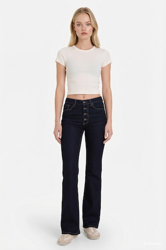Kadın Mavi Siyah Flare Fit Orta Bel Jean