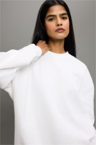 Oversize Geniş Kalıp Bisiklet Yaka Basic Düz Kalın Sweatshirt