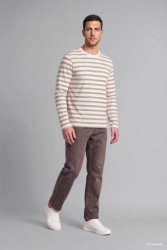 Men Ecru Cotton Slim Fit Crew Neck T-Shirt