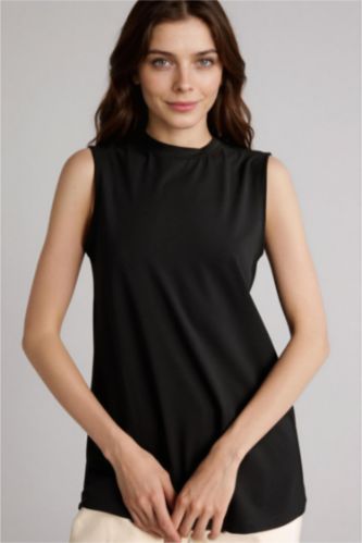 WOMAN Black Regular Fit Crew Neck Short Sleeve Tunic