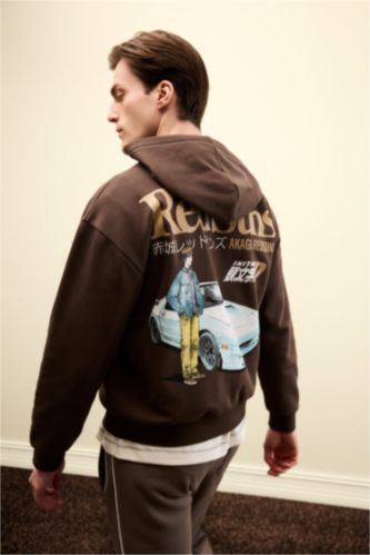 رجالي بني سويت شيرت اوفر سايز تقيل بكابيشون من Inıtıal D