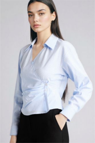 Woman Light Blue Regular Fit V-Neck Striped Long Sleeve Shirt