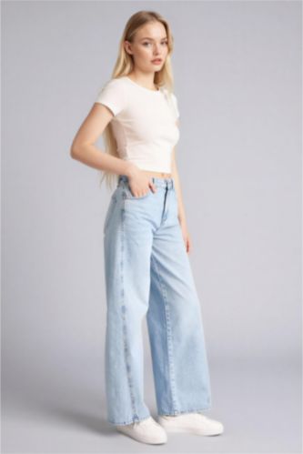 Woman Blue Wide Leg Regular Hem Denim Trousers