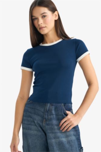 Fitted Bisiklet Yaka Ribana Kısa Kollu Tişört