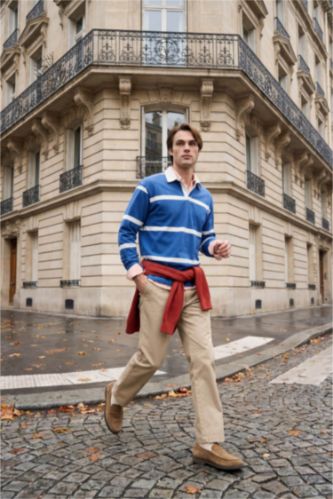 Erkek İndigo %100 Pamuk Çizgili Sweatshirt