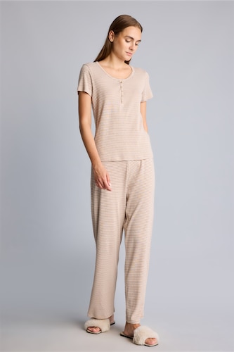 Kadın Vizon Regular Fit Çizgili 2'li Pijama Takımı