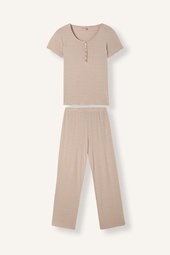 Regular Fit Striped Short Sleeve Button-Up Pajama Set