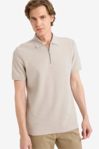 MAN Beige Melange Regular Fit Zippered Short Sleeves Polo T-shirt