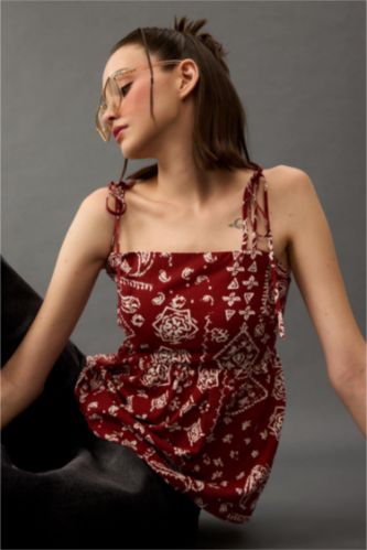 Flare Fit Şal Desenli Poplin Kolsuz Bluz