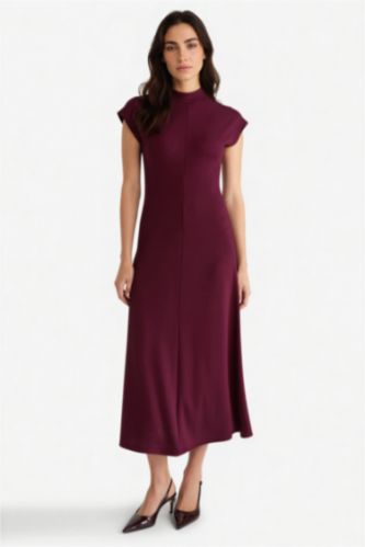 Kadın Bordo Yarım Balıkçı Yaka Ribana Kısa Kollu Midi Elbise