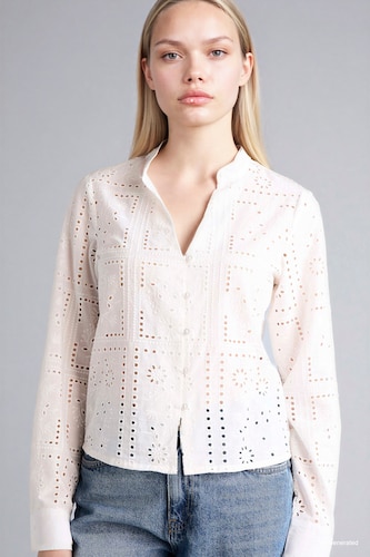 Women White Regular Fit Flap Collar brode Long Sleeve Shirt