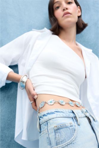 Kadın Mavi Taşlı Çiçekli Silver Bel Zinciri