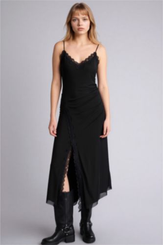 V-Neck Tulle Midi Dress