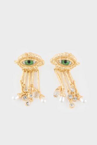 Kadın Nazar Temalı Sallantılı Gold Küpe