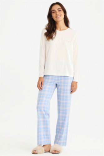 حريمي أزرق طقم بيجاما كاروهات قصة عادية كم طويل - قطعتين