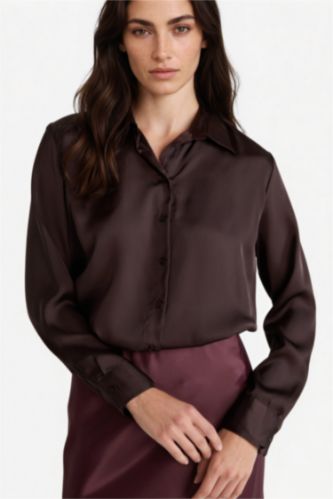 WOMAN Brown Oversize Fit Shirt Collar Satin Long Sleeve Shirt