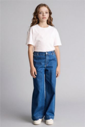 بنات أزرق بنطرون جينز بناتي قصة مريحة برجل واسع