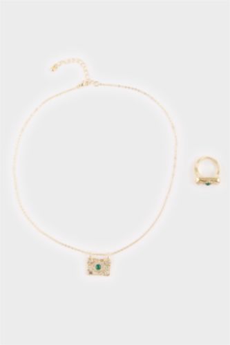 Kadın Çelik Gold Kolye-Yüzük Set