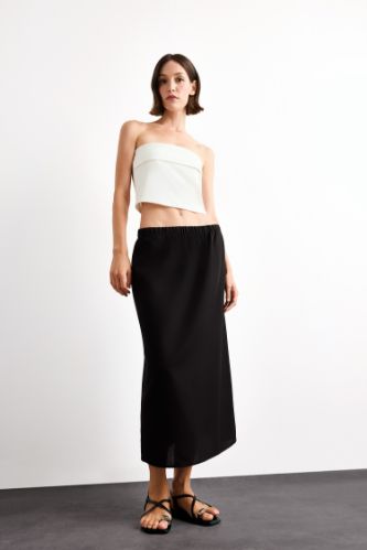 Relax Fit Beli Lastikli Dokuma Midi Etek