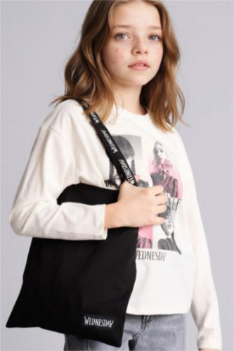 Kız Çocuk - Genç Kız Ekru %100 Pamuk Wednesday Loose Fit Bisiklet Yaka Uzun Kollu Tişört Kız Çocuk