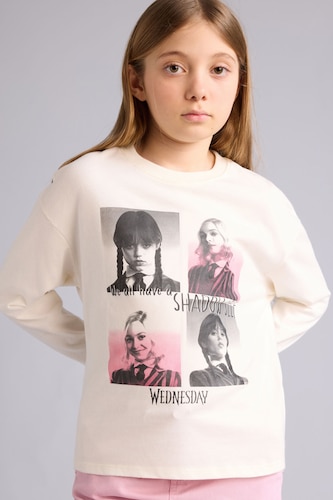Young Girls - Teen Girls Ecru Girl Wednesday Loose Fit Crew Neck Long Sleeve T-Shirt