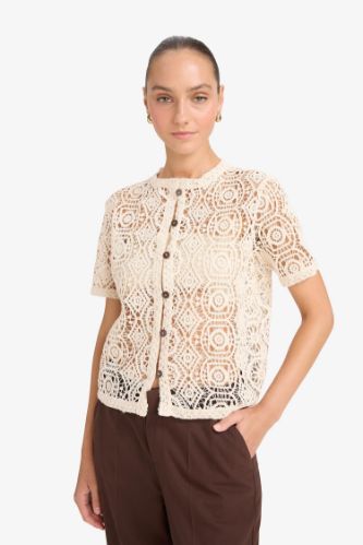 Regular Fit Crew Neck Embroidered Cardigan