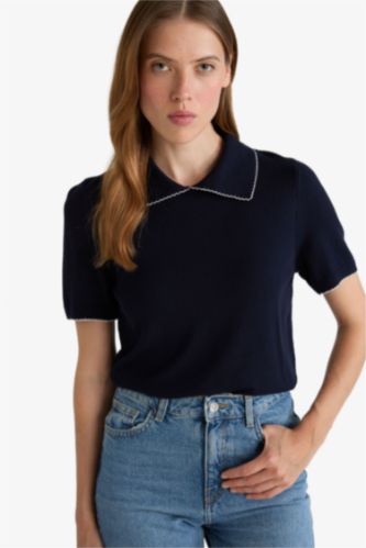 Kadın Lacivert Regular Fit Polo Yaka Kısa Kollu Triko Kazak