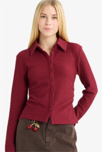 قميص كم طويل القماش المنسوج سليم فيت بياقة قميص