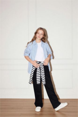 Kız Çocuk - Genç Kız Siyah 90's Wıde Leg İspanyol Paça Gabardin Pantolon Kız Çocuk