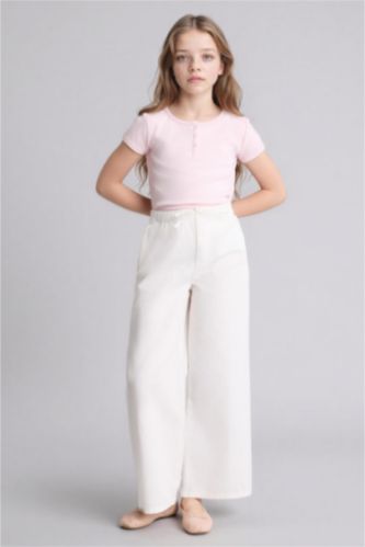 بنات أبيض بنطرون بناتي جبردين وايد ليج برجل واسع