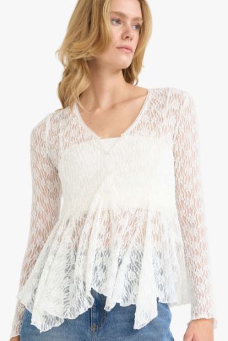 Slim Fit V-Neck Long Sleeve Blouse