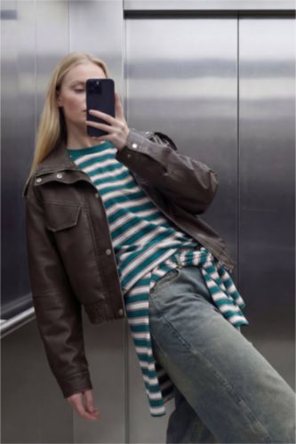 جاكيت جلد صناعي قصة مريحة