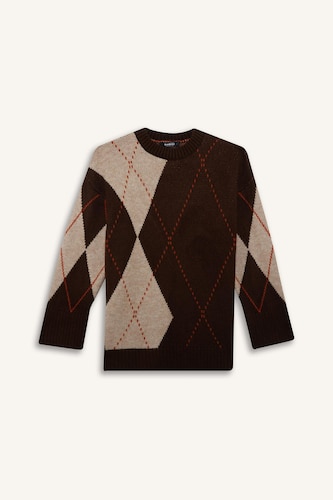 Regular Fit Crew Neck Diamond Pattern Knit Pullover Tunic