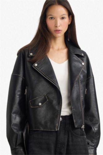 Oversize Fit Taffeta Waterproof Faux Leather Jacket