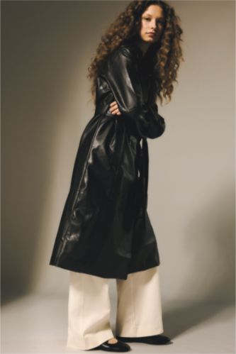 حريمي أسود ترانش كوت طويل جلد صناعي قصة عادية