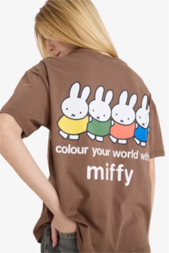 Женщины Коричневый Футболка оверсайз с принтом и коротким рукавом