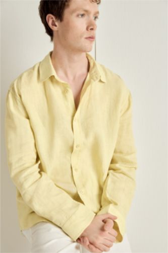 Men Light Green Relax Fit Polo Collar Woven Long Sleeve Shirt