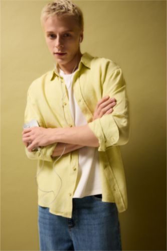 Men Light Green Relax Fit Polo Collar Woven Long Sleeve Shirt