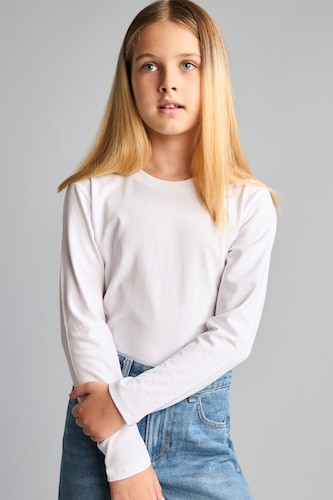 FILLES Blanc T-shirt basique à col rond et manches longues Coupe régulière pour fille