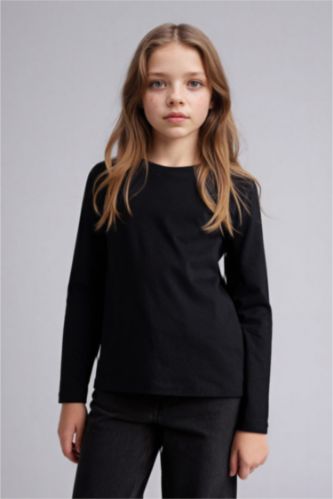 FILLES Noir T-shirt manches longues à col rond pour fille