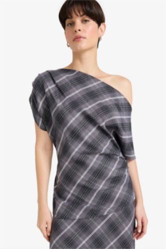 Regular Fit Boat Collar Plaid Short Sleeve Blouse