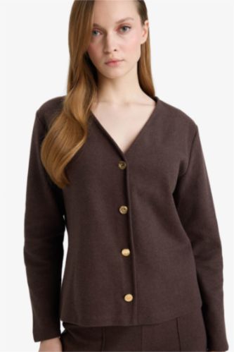 WOMAN Brown Regular Fit V-Neck Pique Cardigan
