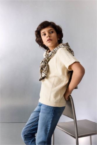 BOYS & TEENS Ecru Boy Polo Neck Textured Knit Pullover