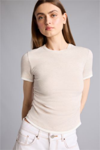 Kadın Bej Slim Fit Kısa kollu Ribana Tişört