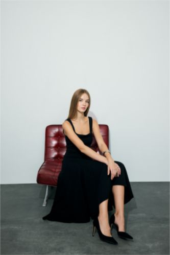 A-Line Square Neck Crepe Midi Dress